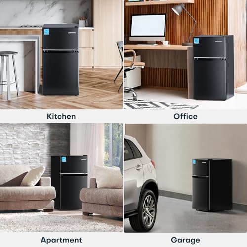 Upstreman 3.1 Cu.Ft Mini Fridge with Freezer, Double Door Mini Fridge, Dorm Essentials, Adjustable Thermostat, Energy Saving, Mini Fridge for Office, Dorm, Bedroom, Black