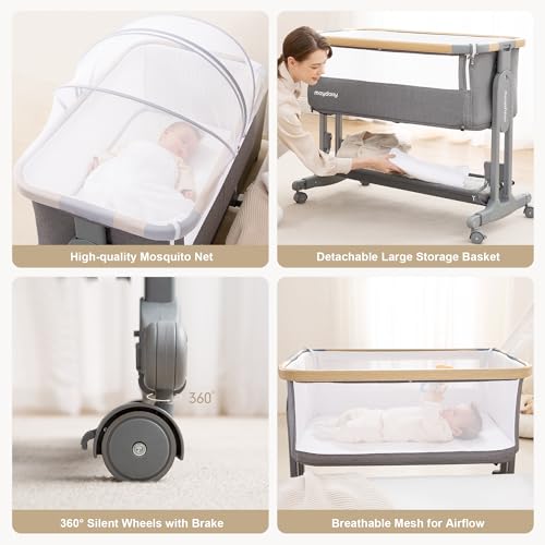 Maydolly Baby Bassinet, 3-in-1 Rocking Bassinet Bedside Sleeper with Wheels, Mattress, Sheet, 7 Height Adjustable, Folding Easy Portable Bassinet for Infant