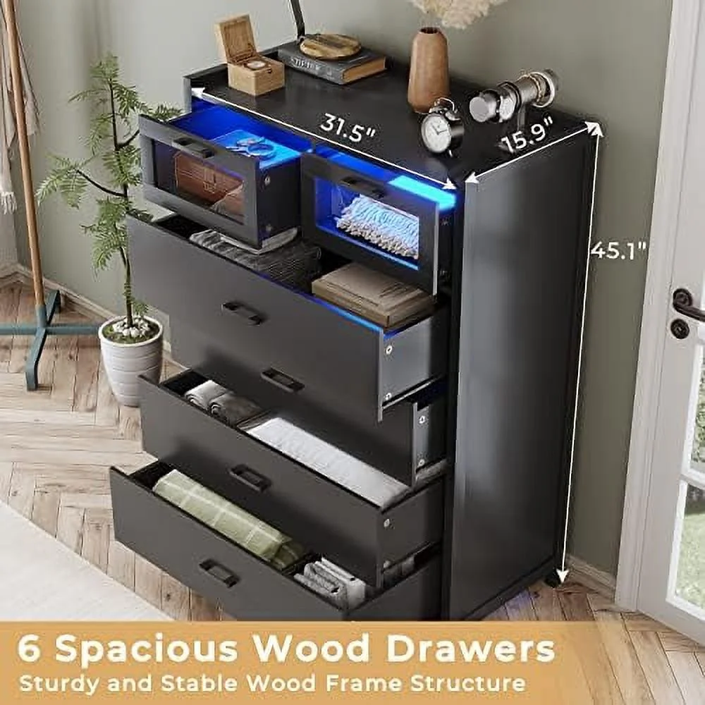 HJZBNONE Dresser for Bedroom  6 Drawer Dressers with LED Lights  Dressers &amp; Chests of Drawers  Bedroom Closet Wooden Tall Dresser for Bedroom  Hallway  Entryway