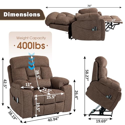 Oversized Power Lift Recliner Chair for Big Men - 400lbs Capacity with Heat, Massage, and Hidden Cup Holder