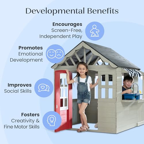 Delta Children MySize Deluxe Outdoor Playhouse with Play Sink with Running Water, Picnic Table & Mailbox – Premium Wooden Cedar Playhouse for Kids, Grey