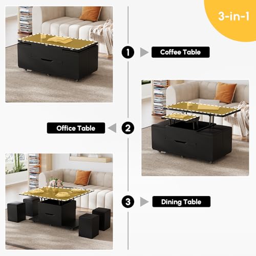 homary Black Lift-Top Coffee Table with Hidden Storage, 3-in-1 Modern Folding Center Table with 4 Stools, Casters, and Lockable Wheels – Convertible Dining & Office Table for Living Room