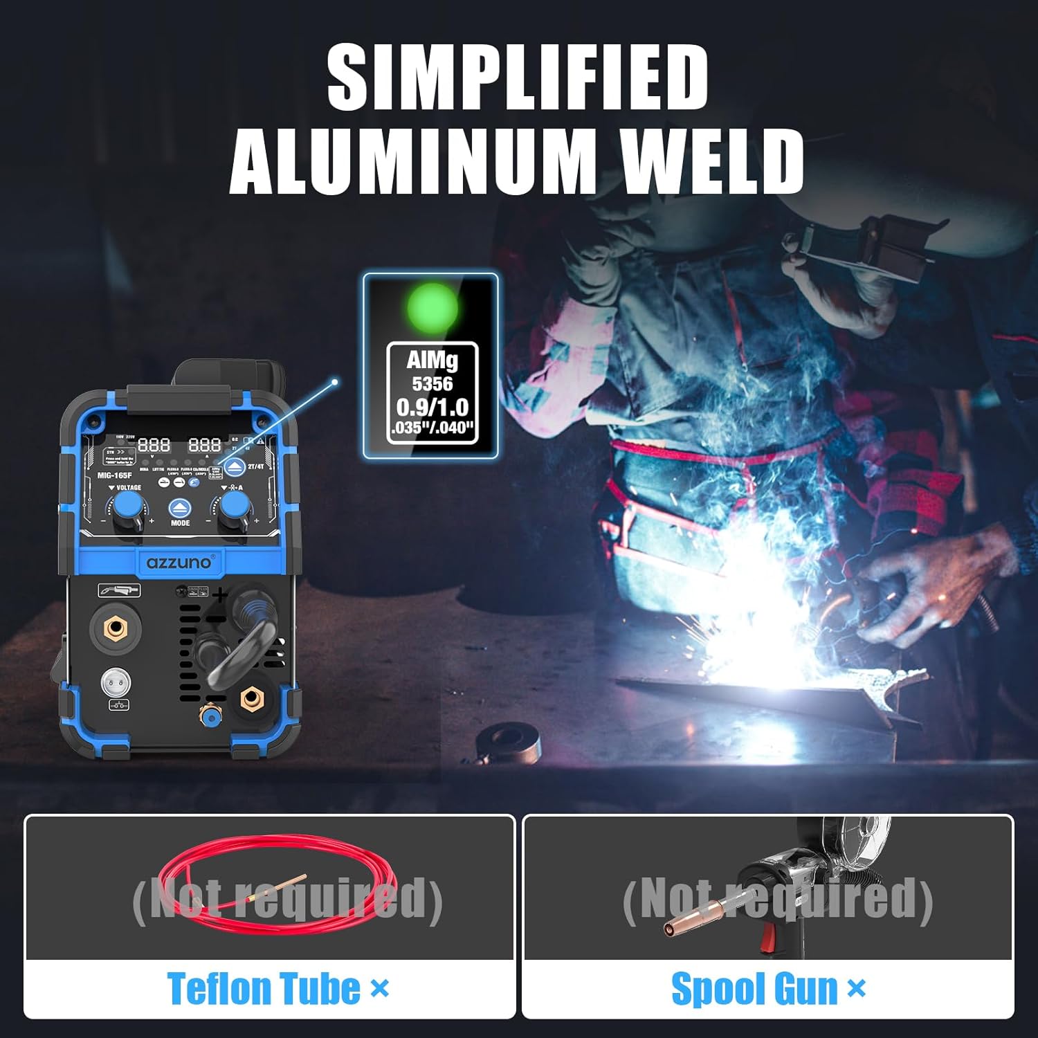 AZZUNO Aluminum MIG Welder 165Amp, Dual Vlotage 110V/220V 5-in-1 Welder Machine Gasless MIG/Gas MAG/Aluminum MIG/Stick/Lift TIG Welding with Semi-enclosed Structure