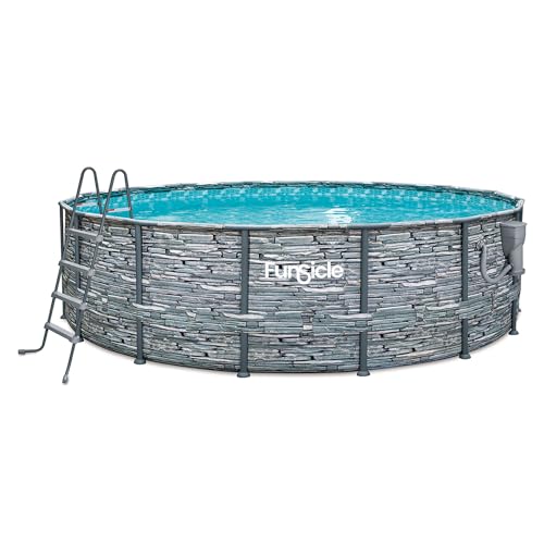 Funsicle 14' x 42" Oasis Designer Round Frame Above Ground Outdoor Swimming Pool Set with SkimmerPlus Filter Pump, Ladder, and Pool Cover, Gray