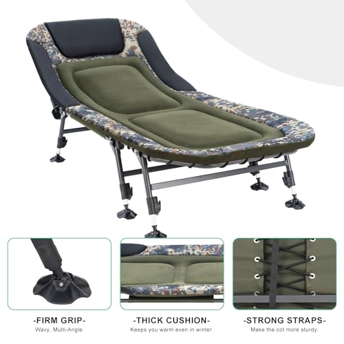 XXL Camping Cots for Adults 330Lbs with Carry Bag, Heavy Duty Folding Bed with Soft Padded Cushion, Portable Military Cot for Hunting, 180° Adjustable Reclining Outdoor Lounger