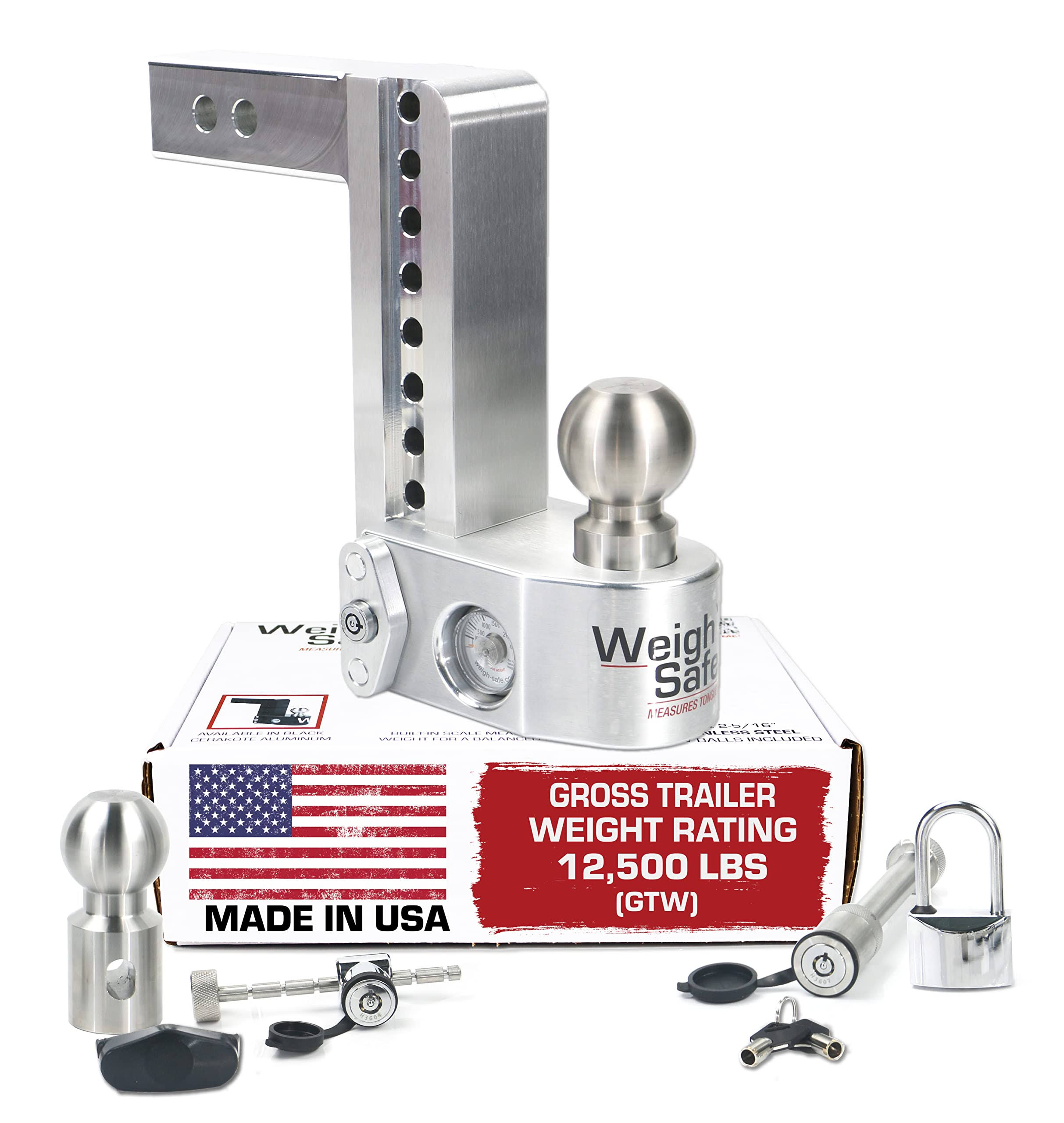 Weigh Safe WS8-2-SET 8x22 Drop Hitch, 2x22 Receiver 12,500 lbs GTW - Adjustable Aluminum Hitch Ball Mount w/Scale, 2 Stainless S