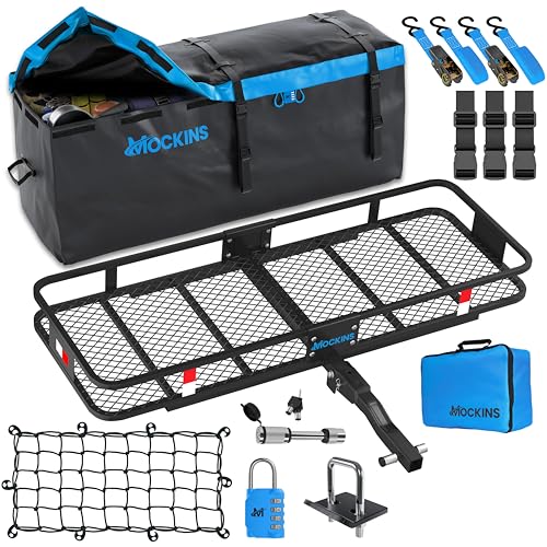 Mockins 60x20x6 Heavy-Duty Trailer Hitch Cargo Carrier 500lb Cap & 16 CuFt Soft Shell Waterproof Luggage Cargo Bag |Folding Hitch Cargo Carrier w/Net & Hitch Accessories |2" Receiver Hitch Cargo Rack