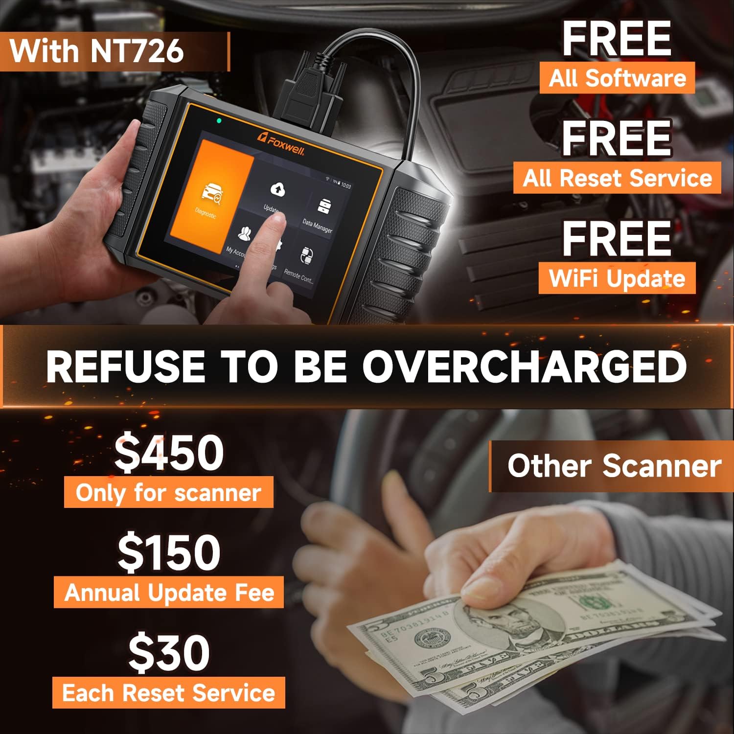 FOXWELL Scanner-NT726 All System Diagnostic Scanner with 8 Service Reset,ABS Bleeding Scan Tool with Oil Light Reset/EPB/SAS/TPMS/Throttle Relearn, Code Readers Scan Tools for All Cars