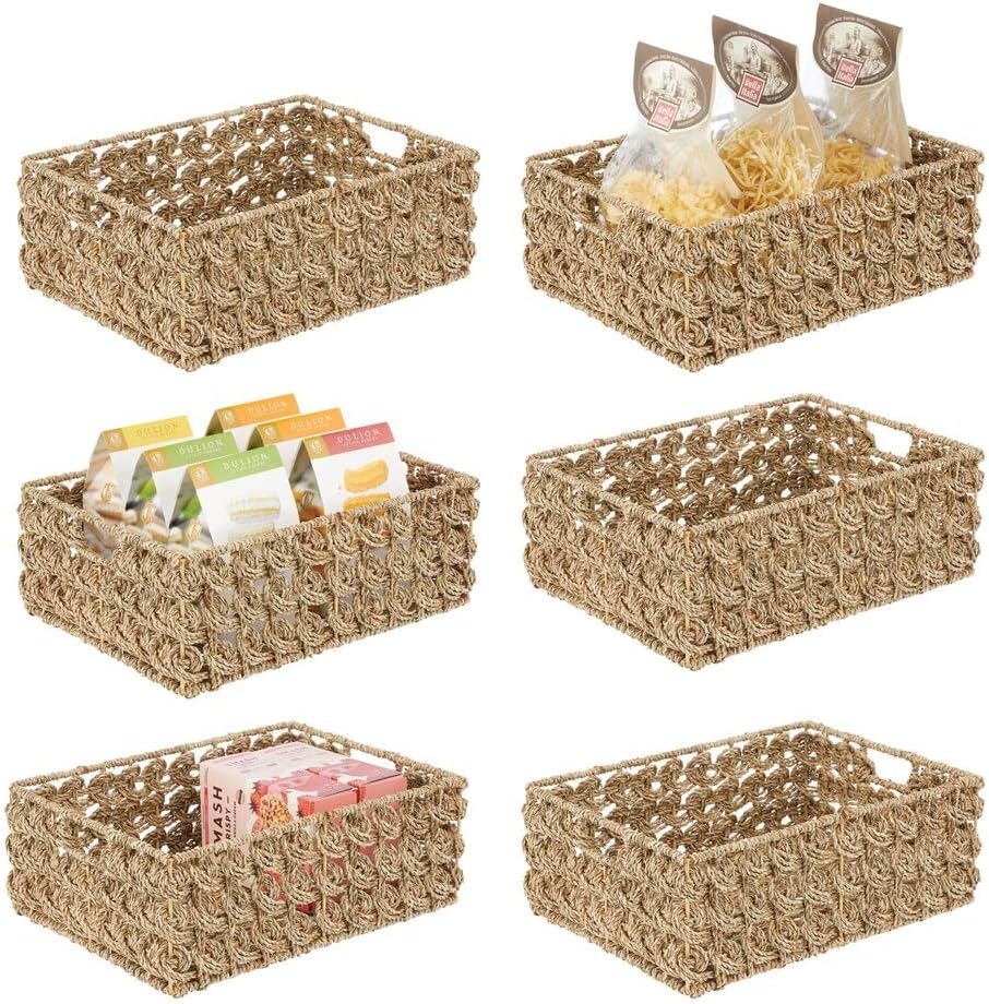 mDesign Woven Seagrass Kitchen Cabinet Pantry Storage Organizer Basket Bin with Handles - Store Fruit, Snacks, Cereal, Oil and Vinegar, Baking Supplies, Pastas, Packets, 6 Pack - Gray Wash Pack of 2