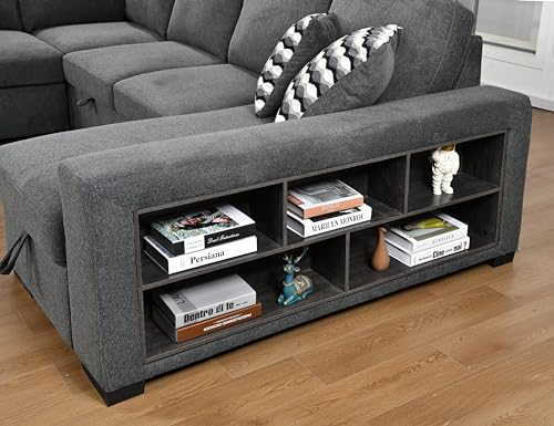 roomfitters 125'' Modern U Shaped 7 Seat Sectional Sofa Couch with Cabinet, Sofa Bed with Storage Chaise and Pull-Out Couch Bed for Living Room, Light Gray