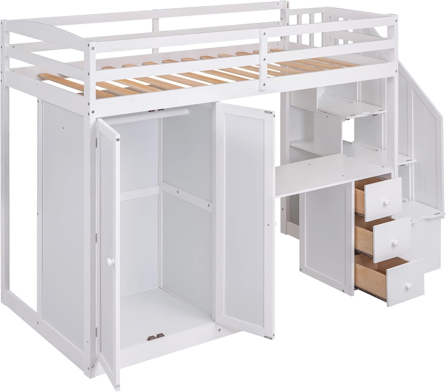 Twin Loft Bed with Stairs and Wardrobe, Wooden Twin Size Loft Bed with Desk Underneath, Loft Bed with Storage Staircase and Shelves for Girls Boys Teens,White
