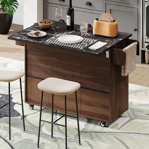 60" Kitchen Island with Drop Leaf and Power Outlet, Rolling Kitchen Cart on Wheels with Trash Can Storage Cabinet, Spice Rack, Towel Rack and Adjustable Shelf for Dining Room