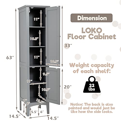 LOKO Tall Bathroom Floor Cabinet, Multifunctional Storage Cabinet with Doors, Narrow Slim Linen Tower for Bathroom, Living Room or Kitchen, 14.5 x 14.5 x 63 inches (Espresso)