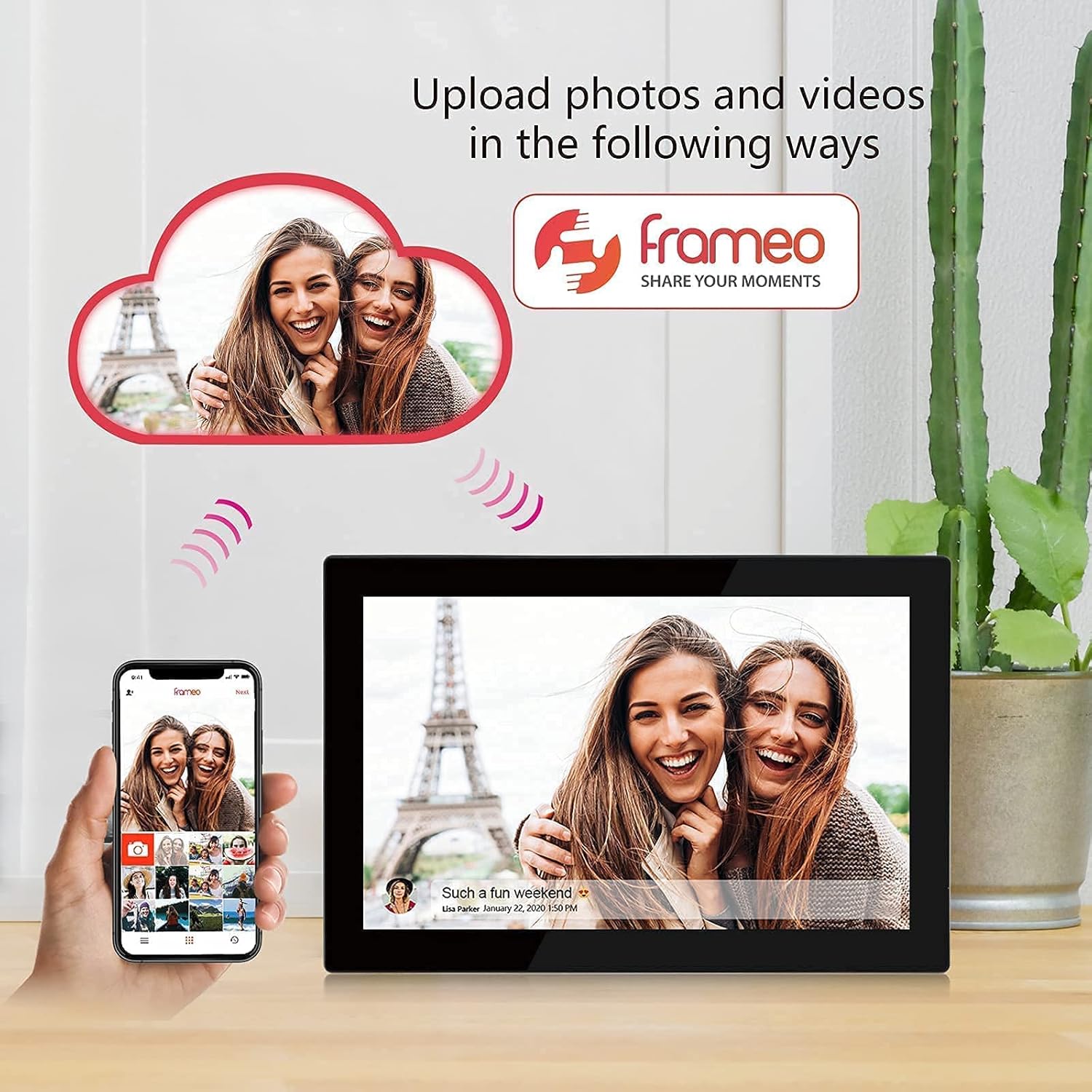 FRAMEO Smart Digital Photo Frame WiFi 10.1 Inch 1920×1200 FHD IPS Touch Screen, 16GB Storage, Support USB/SD Card, Auto-Rotate, Wall-Mountable, Easy Share Photos or Videos via Free App