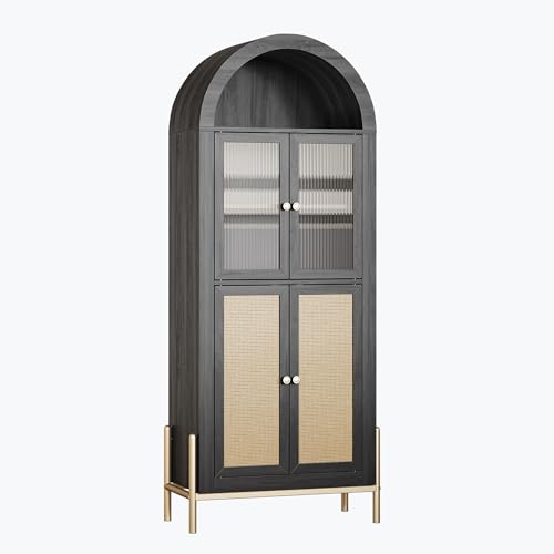 BELLEZE Arched Storage Cabinet with Doors, 65.5 Inches Bookcase, Freestanding Kitchen Pantry Cupboard Tall China Glass Cabinet Display Case for Home Living Room, Adjustable Shelves, White Lotus