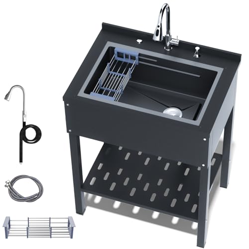 Stainless Steel Utility Sink,24" FreeStanding Laundry&Utility Room Sinks with Cold and Hot Water Faucet,Hoses and Drain Kit Commercial Single Bowl,Laundry Sink for Kitchens, Garage (24x18x36 Black)