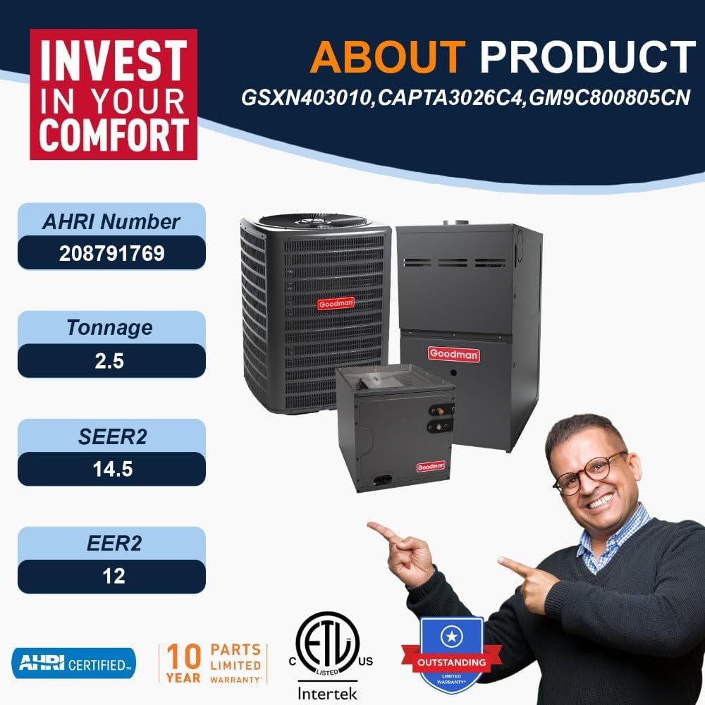 Goodman 2.5 Ton 14.5 SEER2 Single Stage Air Conditioner GSXN403010 and 80,000 BTU 80% AFUE Multi-Speed Gas Furnace GM9C800805CN Upflow System with CAPTA3026C4