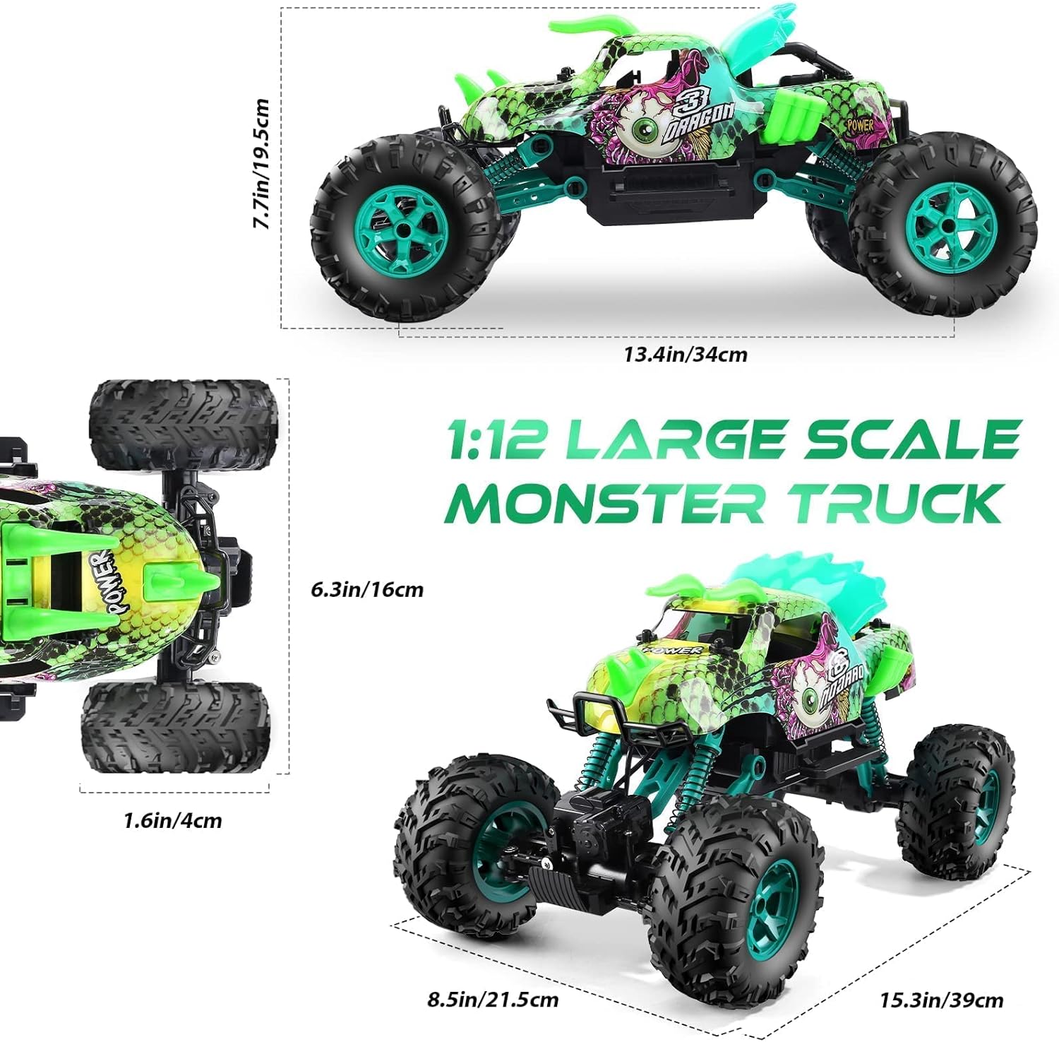 Remote Control Cars, Holyton 1:12 Large Scale Dinosaur Monster RC Trucks, 4WD Liftable Chassis Off Road Rock Crawler for Kids, 2 Batteries for 60+ Minutes Play, RC Car Toys Gift for Boy & Girls