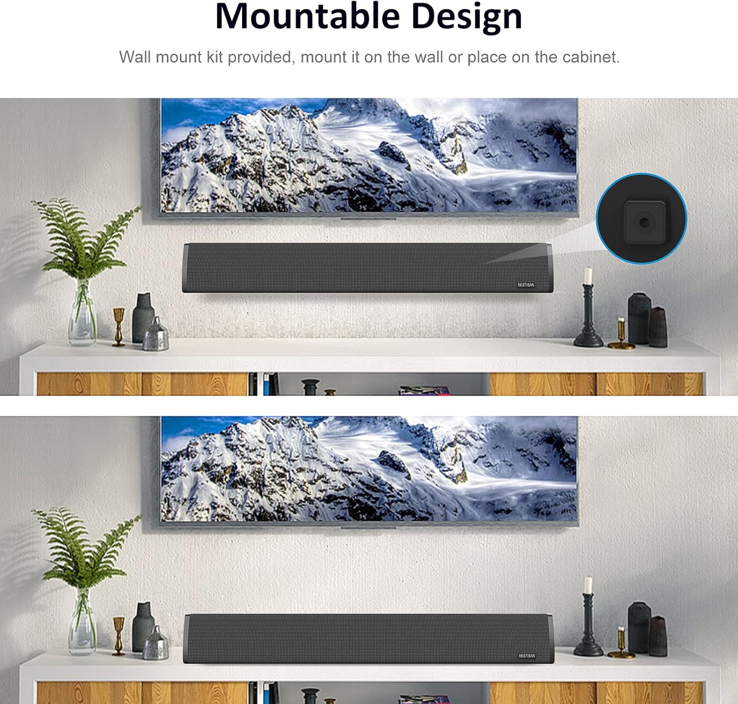 Sound Bar, Bestisan TV Soundbar with Built-in Subwoofer, Wired & Wireless Bluetooth 5.0 Sound Bars, 3 Equalizer Modes Home Audio Speakers, 24-Inch, Bass Adjustable, 80W, Optical/Coax/Aux/USB