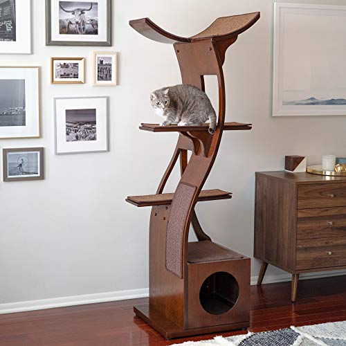 THE REFINED FELINE 69 Inch Tall Black Espresso Lotus Cat Tower, Multi-Level Modern Cat Tree for Indoor Cats with Scratching Post, Climbing Cat Condo with Cushioned Cubby