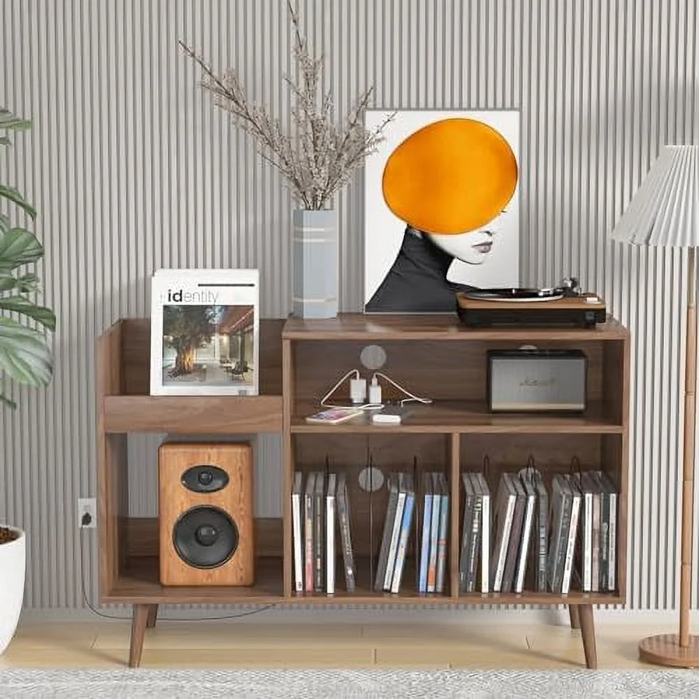 TJBOLIFE Mid-Century Record Player Stand with  Vinyl Record Cabinet Record Player Table with Power Outlet Turntable Stand Large Record Holder Holds for Bedroom Living Room