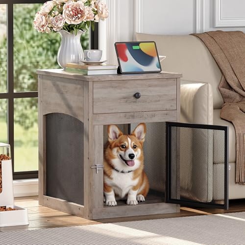 HOOBRO Dog Crate Furniture, Dog Kennel with Drawer and Charging Station, Indoor Decorative Puppy House, Wooden Pet Crate End Table for Small Dogs, Rustic Brown and Black BF58UGW03G1
