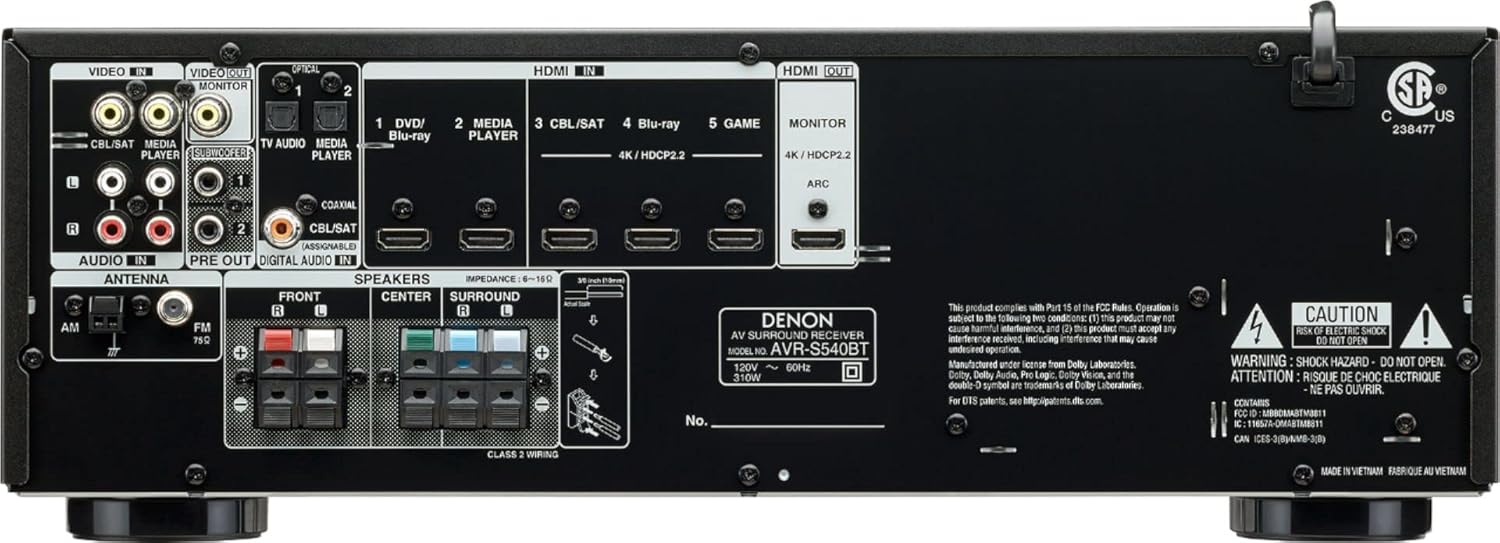 Denon - AVR-S548BT Receiver, 5.2 Channel, 4K Ultra HD Audio and Video, Home Theater System, Built-in Bluetooth and USB - Black | Includes Kwalicable Micro SD Card & Cleaning Cloth