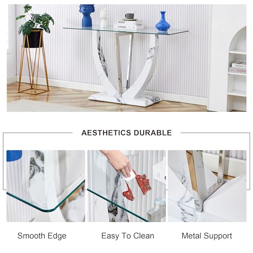 Glass Console Entryway Table, 50 inch Clear Glass Narrow Long Sofa Table, Modern Accent Table for Living Room, Entrance Table with Wood Grain U-shape Base and Metal Frame