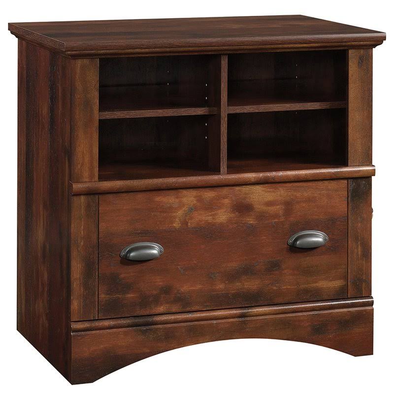 Sauder Harbor View 2 Piece Computer Desk with Hutch and File Cabinet Set in Cherry