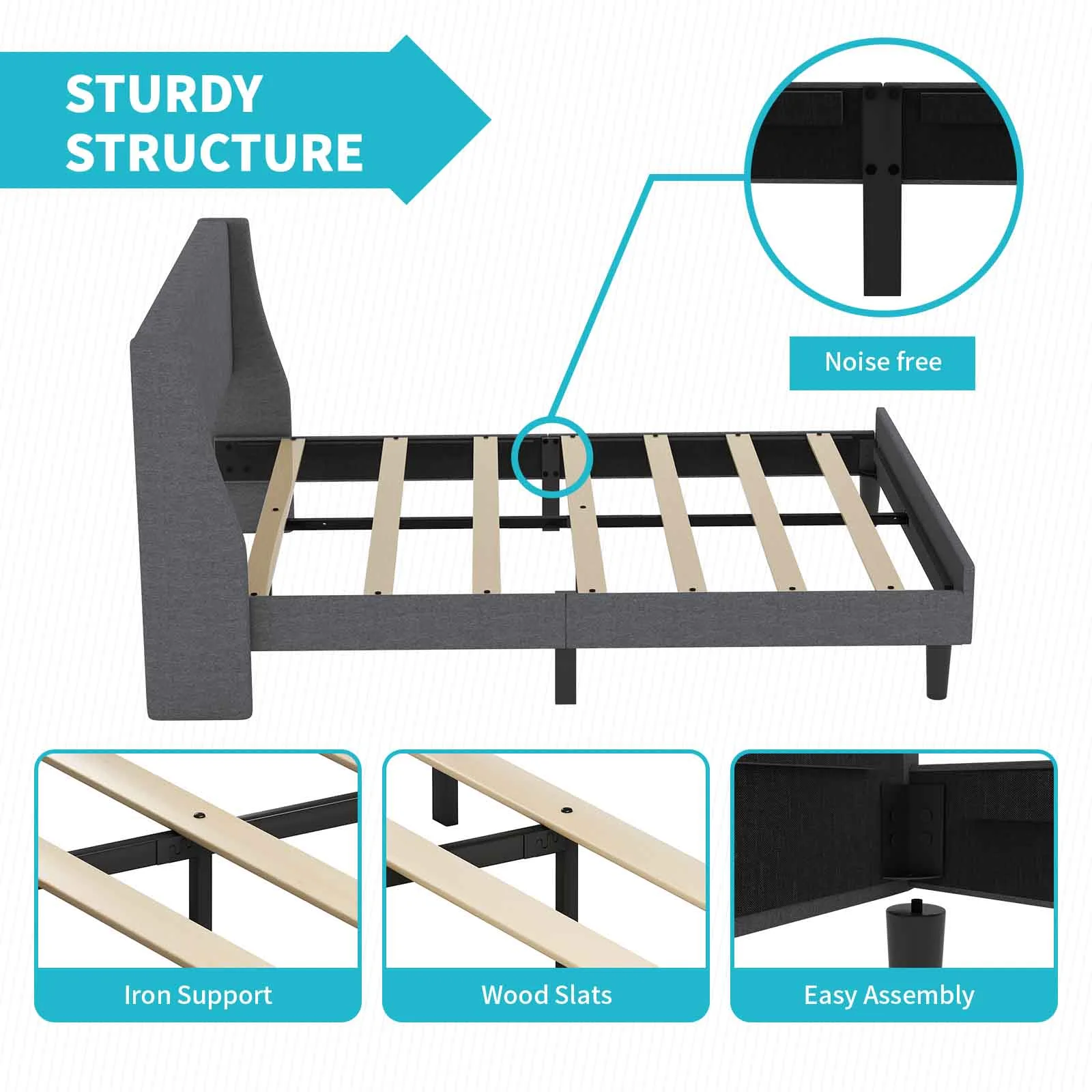 CECER King Size Bed Frame, Modern Bed Frame with Upholstered Headboard & Broad Wingback Wooden Slat Support, No Box Spring Needed - Dark Grey