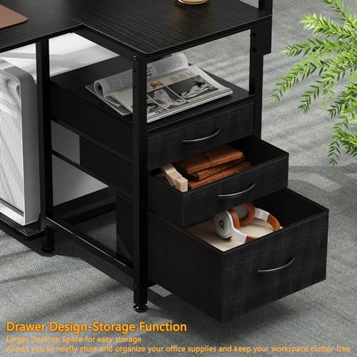47 inch L Shaped Desk with 3 Fabric Drawers, Reversible Computer Desk with Top Shelf & Storage Shelf & CPU Stand for Home Office,Corner Gaming Desk Work Study Table for Gaming Writing,Black