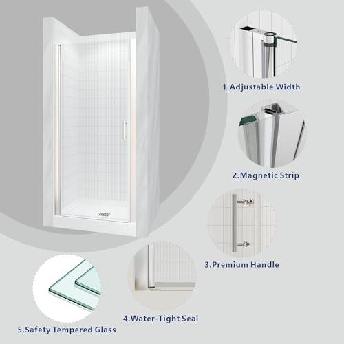 Shower Doors 32 in.W X 72 in.H Semi Frameless Hinged Pivot Swing Shower Door, SGCC Tempered Clear Glass, Reversible Installation, Chrome Finish