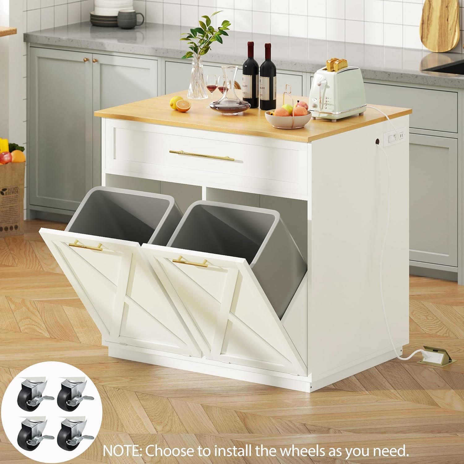 DWVO Square Kitchen Island with Double Tilt Out Trash Can Storage Cabinet, Rolling Portable Islands Table w Power Outlet Wheel Drawer Hidden 10 Gallon Garbage Bin Storage, White Oak