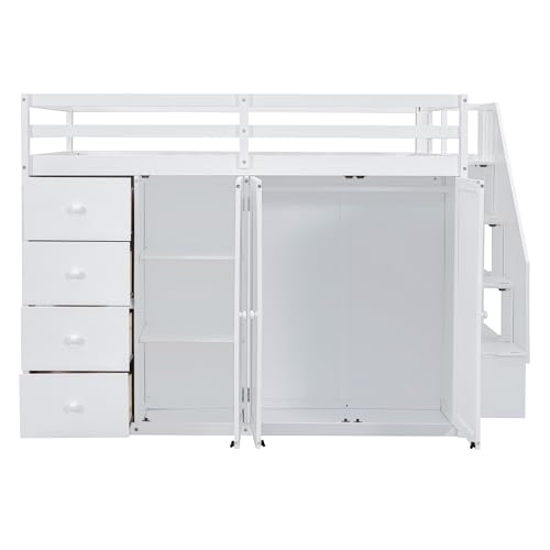 Full Size Loft Bed with Stairs and Wardrobe, Wood Loft Bed Frame with Storage Cabinet, Open Closet and Drawers, Adults Loft Beds with Hanging Rod & Shelves for Kids, Teen, Gray