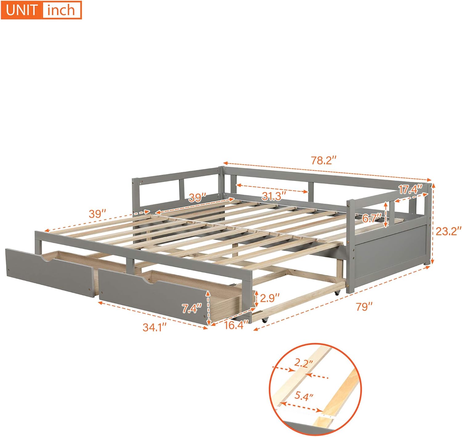 Wooden Daybed with Trundle Bed and Two Storage Drawers, Extending Bed Daybed for Kids Teens Adults, Wooden Daybed with Storage Drawers Twin to King Design, No Box Spring Required, Grey