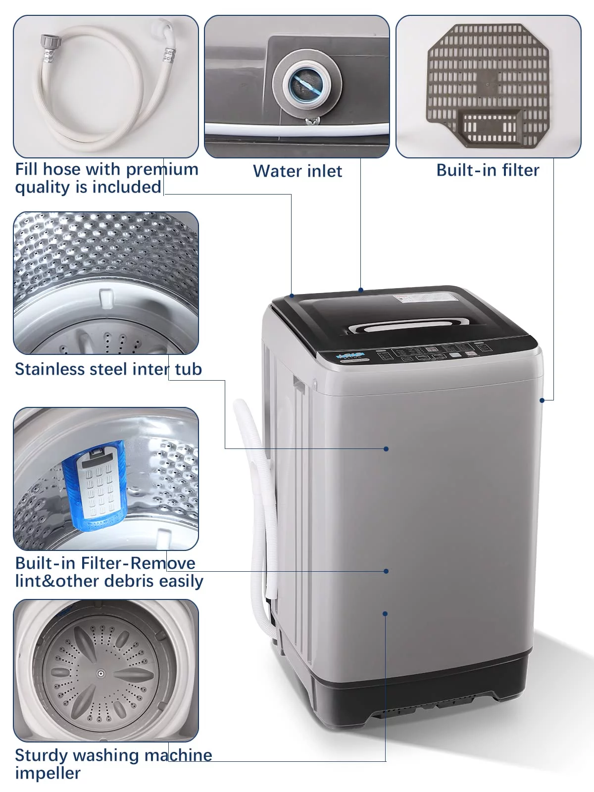 GGTB Compact Washing Machine, 17.6lbs Capacity, 1.9 Cu.ft Portable Washer with LED Display, Fully Automatic Washing Machine with Timed Settings for Apartments, Dorms, Grey