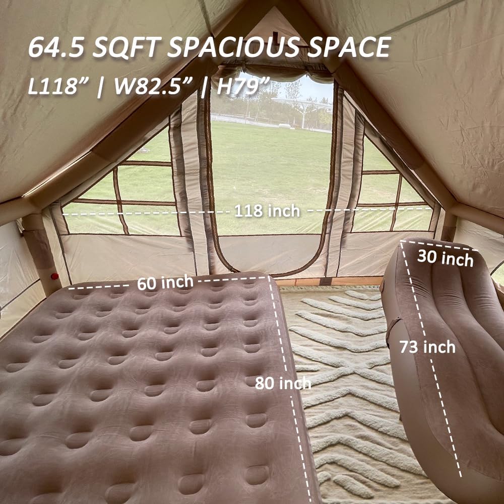 Inflatable Camping Tent with Pump, Easy Setup 4 Season Glamping Tent with High Performance Inflatable Structure, 4-6 Persons Waterproof Windproof Outdoor Self-Supporting Air Tent