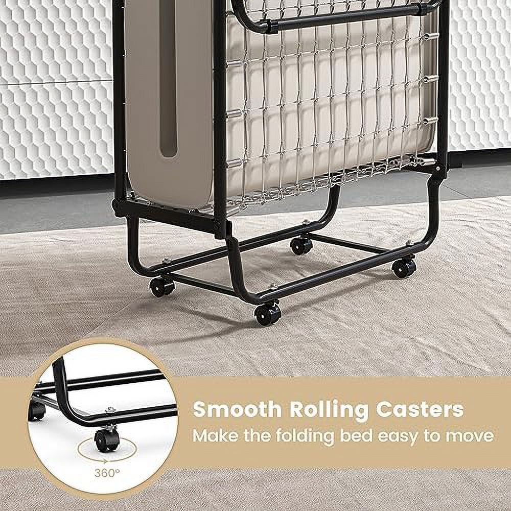 NLIBOOMLife Rollaway Folding Bed with 4 Inch Mattress for Adults  Foldable Portable Guest Bed with Memory Foam Mattress &amp; Sturdy Metal Frame  Cot Size Fold up Bed on Wheels  Easy to S