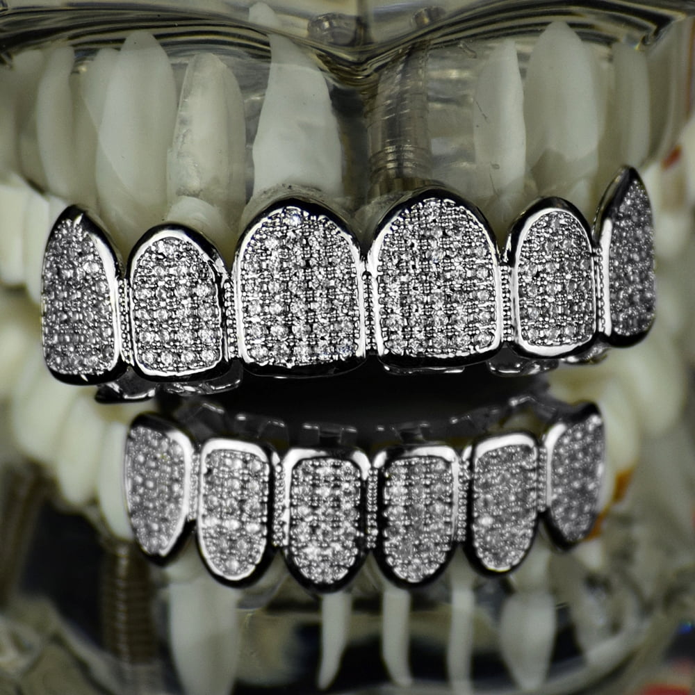 Grillz Set CZ Micro Pave Top & Bottom Silver Tone Micropave Gems Hip Hop Teeth Grills