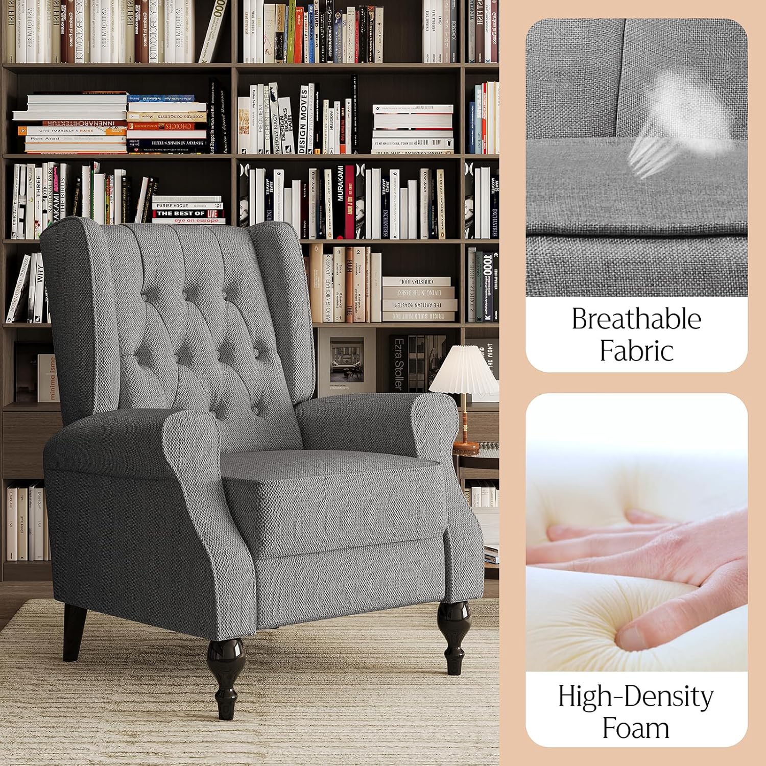 Wing Back Recliner Chair for Living Room, High Back Upholstered Recliner Chairs for Adults, Tufted Accent Lounge Armchair Single Sofa Chair, Dark Gray