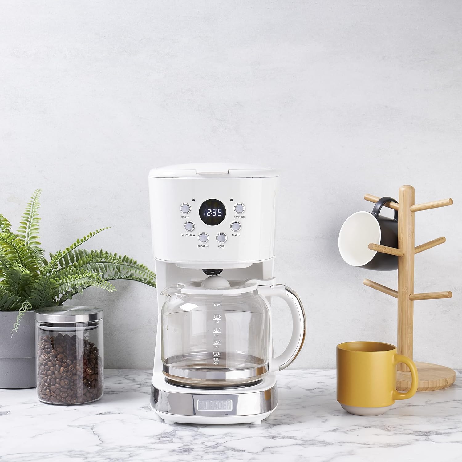 HADEN 12 Cup Programmable Coffee Maker with Brew Strength Control and Heritage Stainless Steel Bread Toaster 2 Slice Wide Slot, White