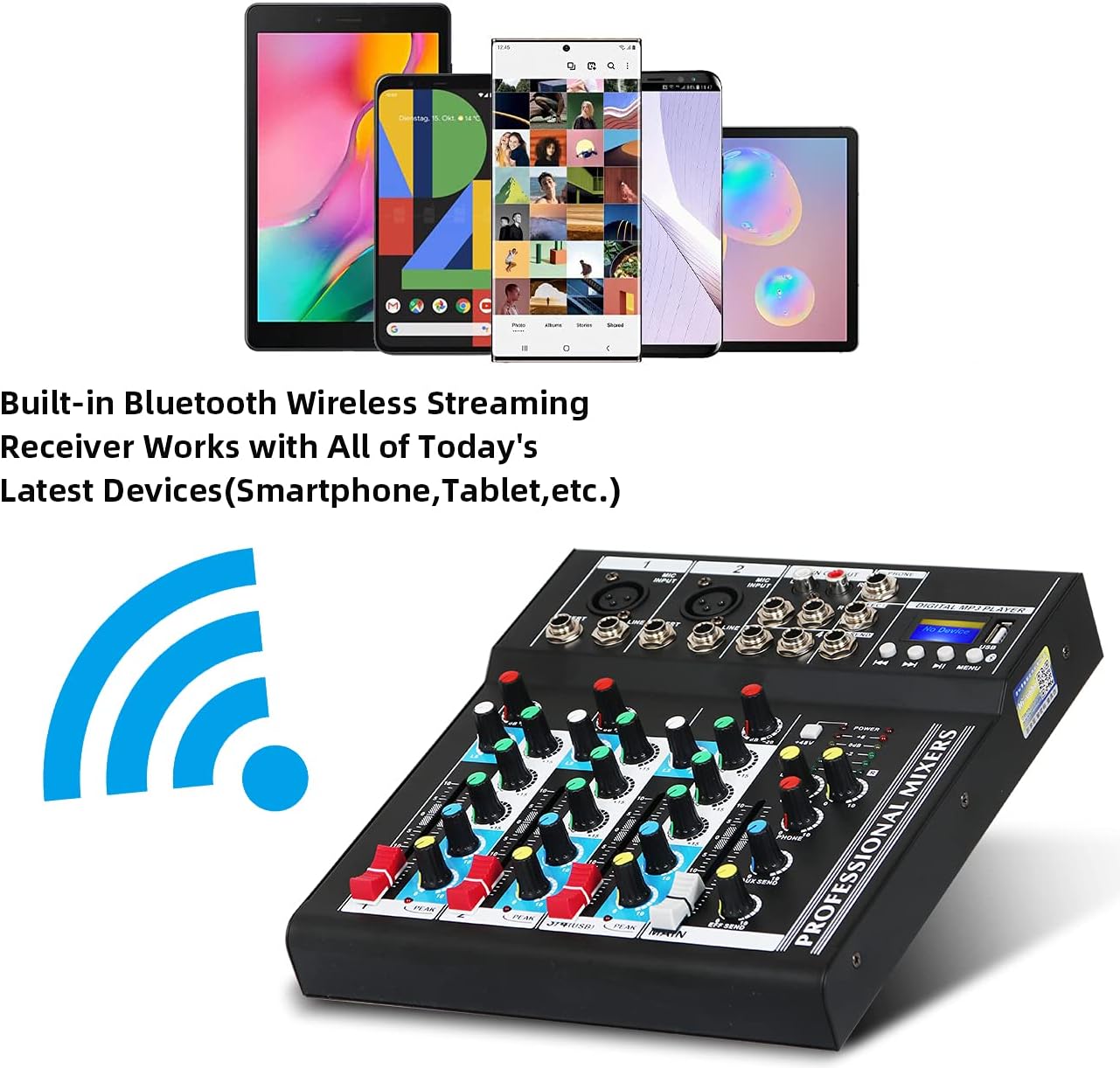 Depusheng HT4 Bluetooth Compatible Professional Portable Digital DJ Console w/USB 4 Channel Mixer Audio Interface-Mixing Boards For Studio Recording, Black Pack of 2