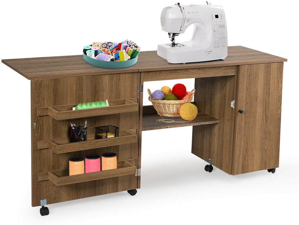 Multifunction Design Folding Sewing Craft Table Shelves Storage Cabinet Computer Desk Home Furniture with Wheels, Space-Saving,3 Storage Bins Natural