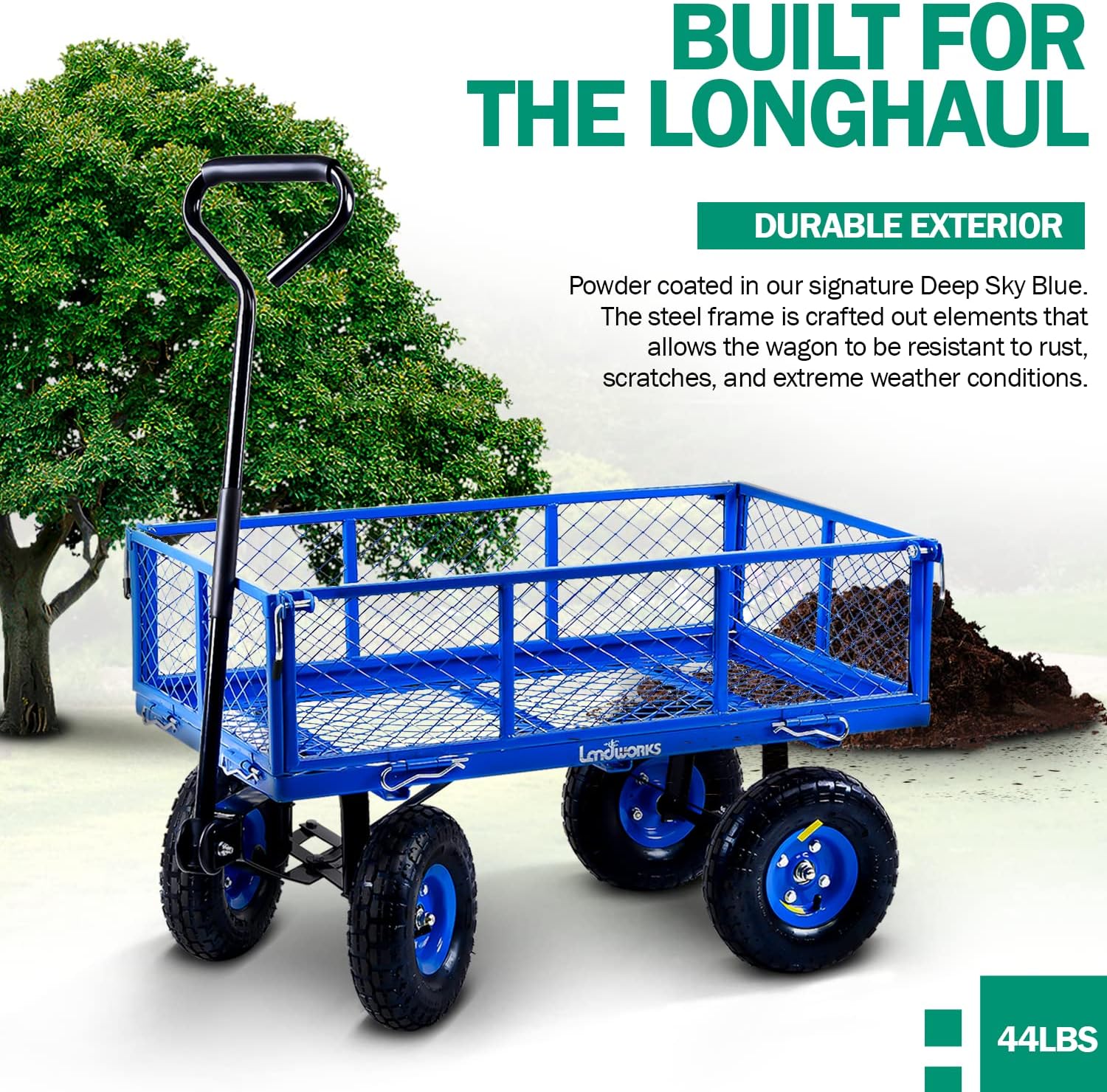 Landworks Lawn & Garden Utility Cart/Beach Wagon, All Terrain, w/Heavy Duty Removable Side Meshes, 400 lbs Cap, Blue