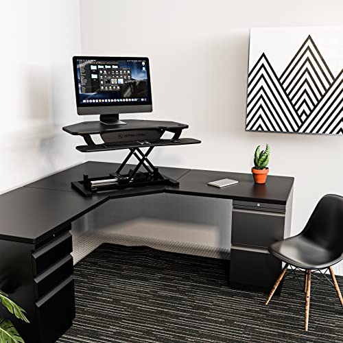 VERSADESK® PowerPro™ 36" Corner Standing Desk Converter, 36 Inch Motorized Height-Adjustable Standup Desk Riser Sit to Stand Desktop with Keyboard and Mouse Tray + USB Charging Port, Black