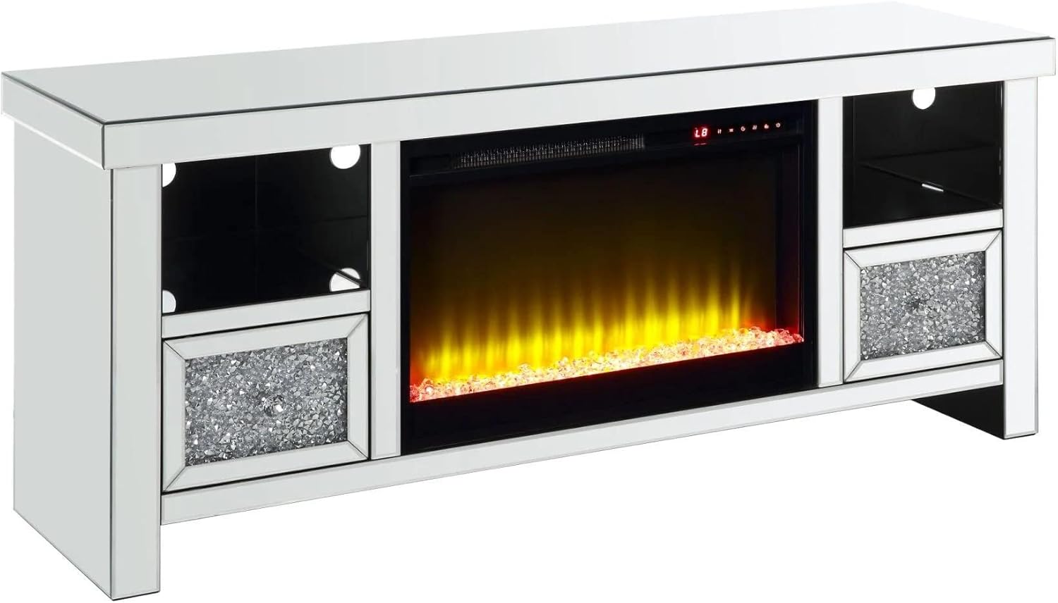 Acme Noralie Glass Fireplace TV Stand for TVs Upto 60" in Mirrored/Faux Diamonds