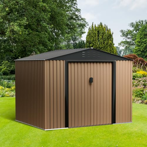 Outdoor Storage Shed, 8 x 6 FT Metal Storage Shed, Metal Garden Tool Shed with Roof, Door & Lock, Waterproof and Anti-UV, for Patio Garden Yard, Brown