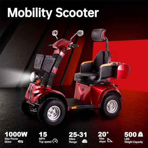1000W Heavy Duty 4 Wheel Mobility Scooters 500lbs Weight Capacity, Powered Mobility Scooters for Seniors & Adult, 3 Speed Control Mobility with Adjustable Seat & Lazy Back, Red