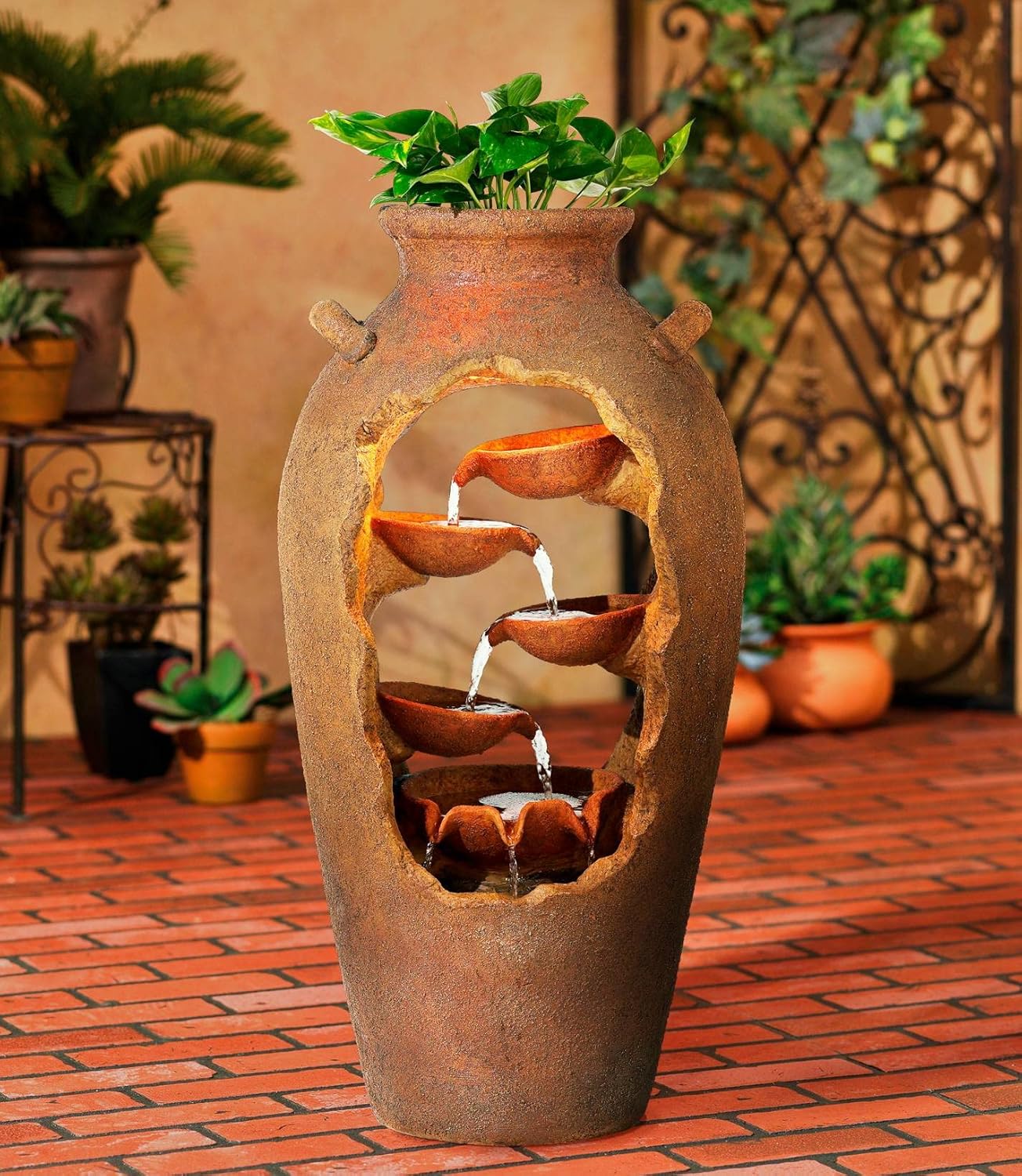 Cascade Rustic Outdoor Floor Urn Waterfalls Fountain 33" High with LED Light and Planter Decor for Garden Patio Yard Deck Home Lawn Porch House Relaxation Exterior Balcony - John Timberland