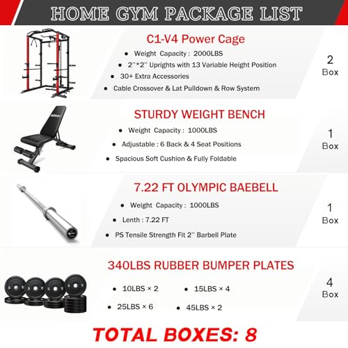 C1-V4 Power Cage, 2000LBS Squat Rack with LAT Pulldown, Multi-Function Weight Cage Strength Training Machine, Workout Cage with More Attachments for Home Gym Garage